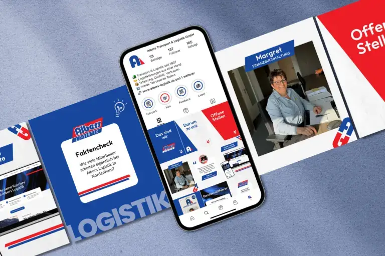Social-Media-Content und Employer-Branding-Designs für Albers Logistik auf Instagram und Print