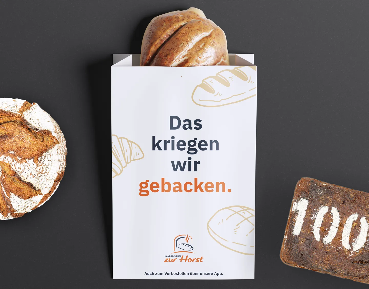Brotverpackung der Landbäckerei zur Horst mit dem Slogan Das kriegen wir gebacken