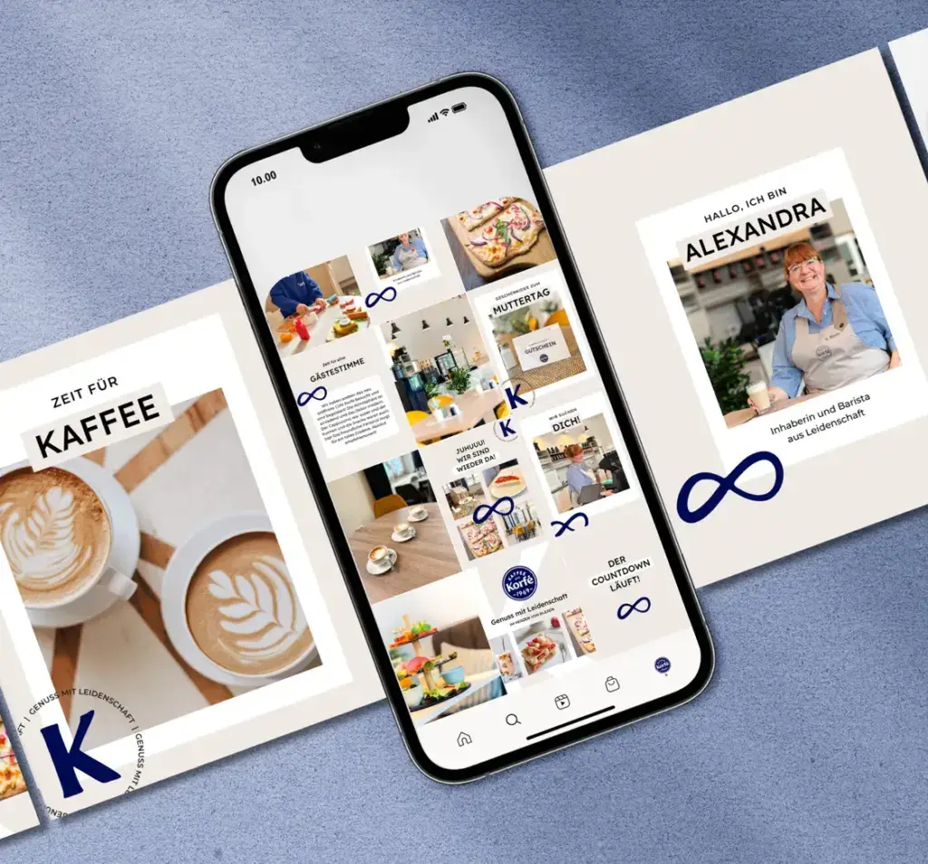 Social Media Feed und Printdesigns für Kaffee Korfé mit Barista-Portrait